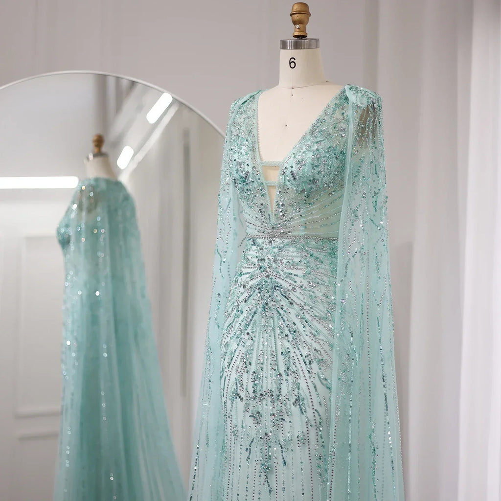 Luxury Turquoise V-Neck Mermaid Evening Dresses with Cape SS397