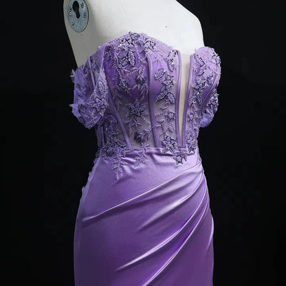 Luxury Lilac Off-the-Shoulder Beaded Sheer High-Slit Mermaid Prom Dress SH534