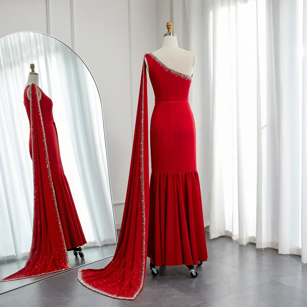 Luxury Burgundy One Shoulder Evening Dress with Cape Sleeve SS384