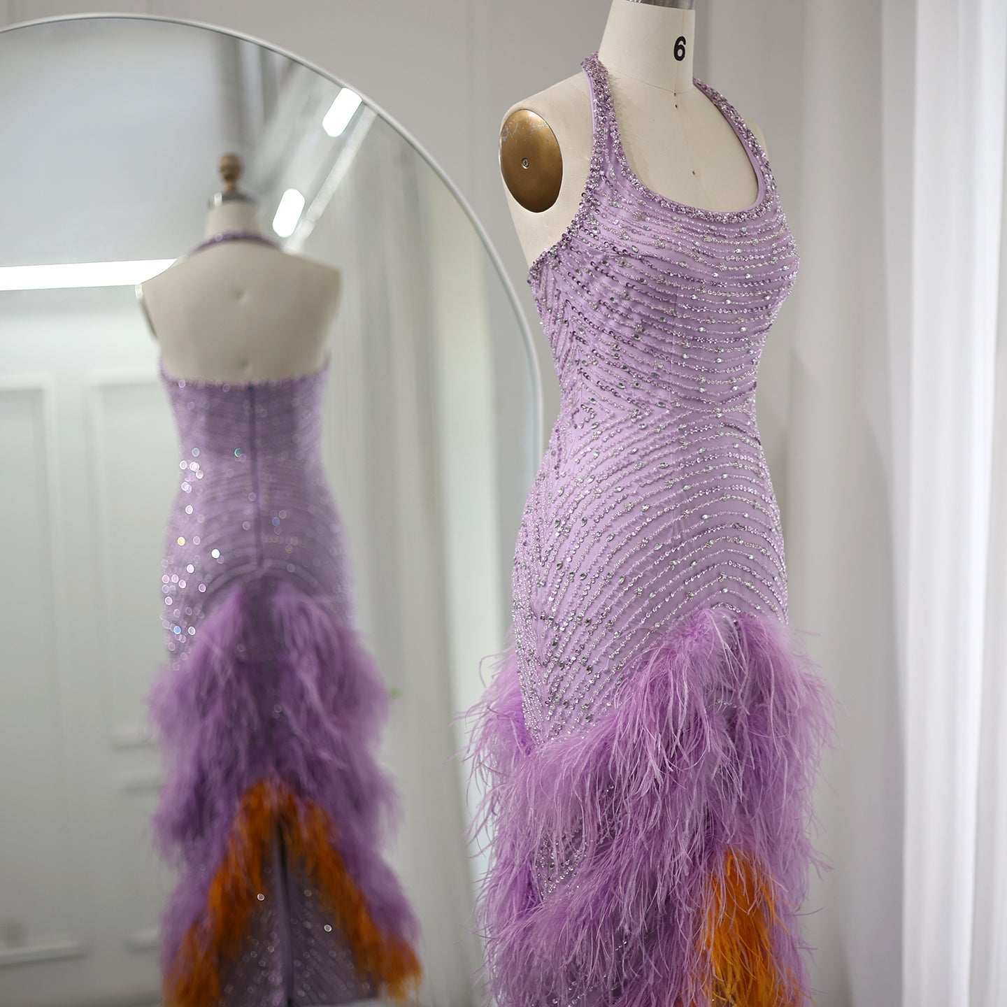 Luxury Feathers Lilac Crystal Mermaid Evening Dresses SS473