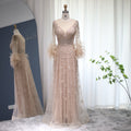Elegant Beaded Champagne Feathers Long Sleeves Evening Dress SS101