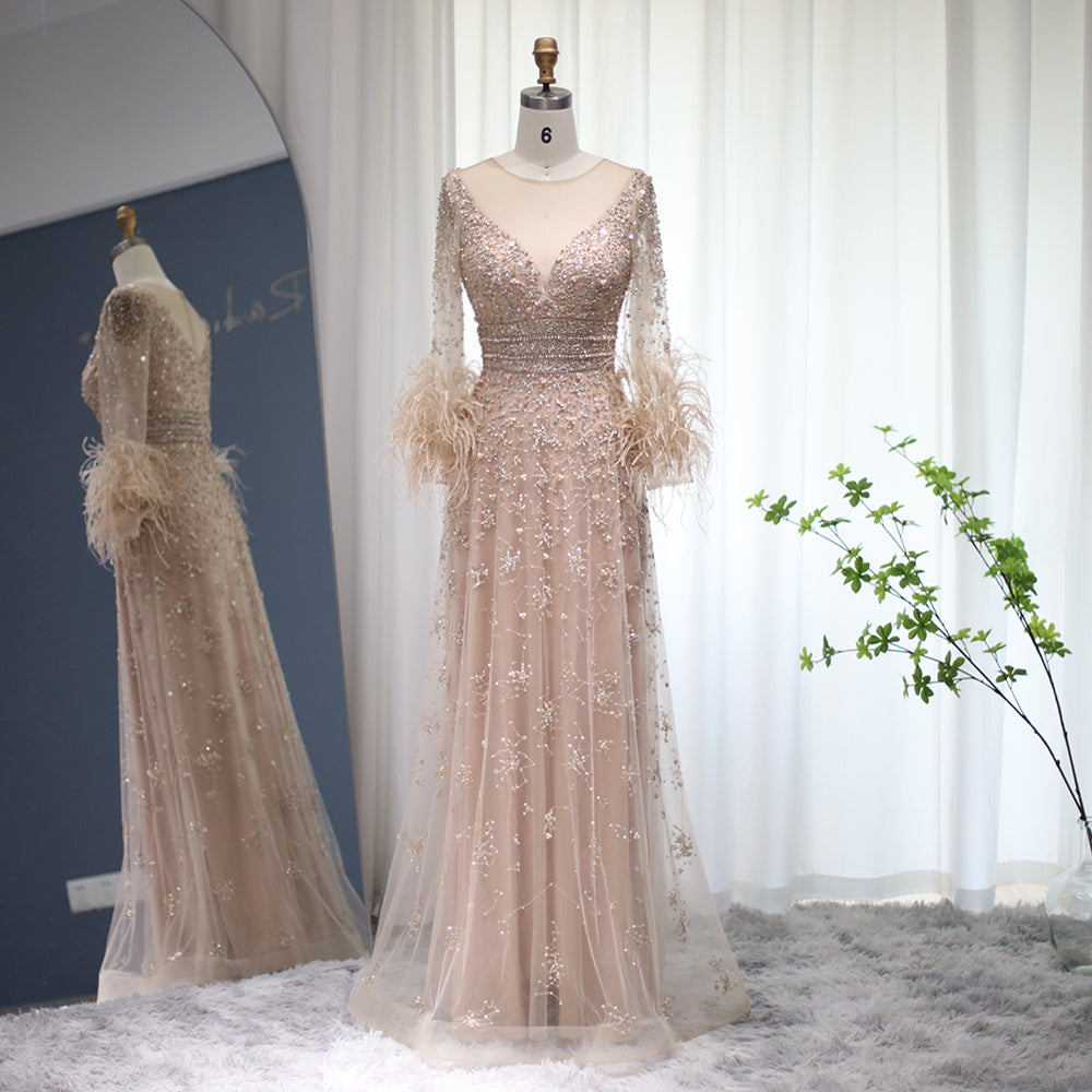 Elegant Beaded Champagne Feathers Long Sleeves Evening Dress SS101