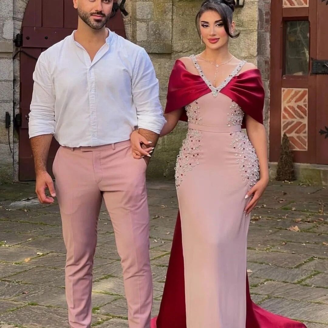 Luxury Pink Burgundy Mermaid Evening Dress with Cape SS446