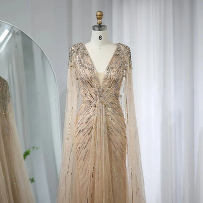 Luxury Dubai Green Evening Dresses with Cape Fuchsia Crystal Gold SS399