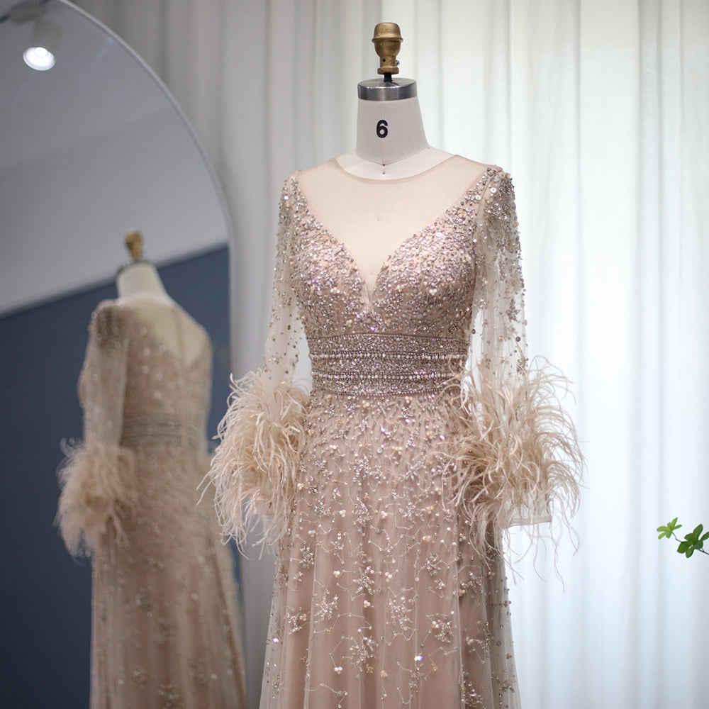 Elegant Beaded Champagne Feathers Long Sleeves Evening Dress SS101
