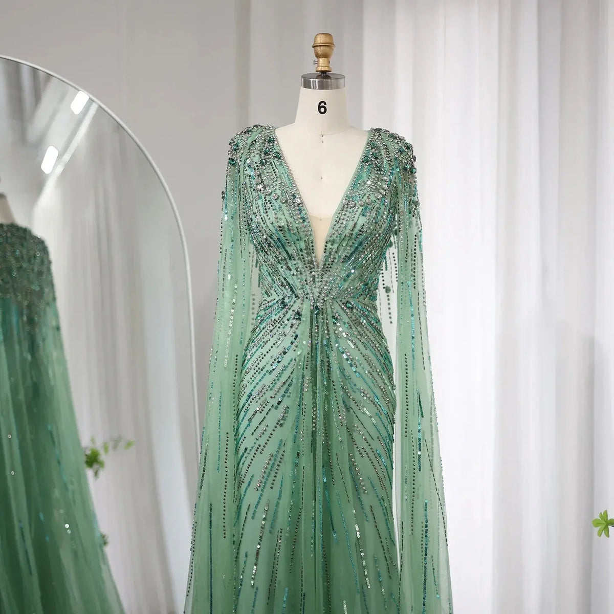 Luxury Dubai Green Evening Dresses with Cape Fuchsia Crystal Gold SS399