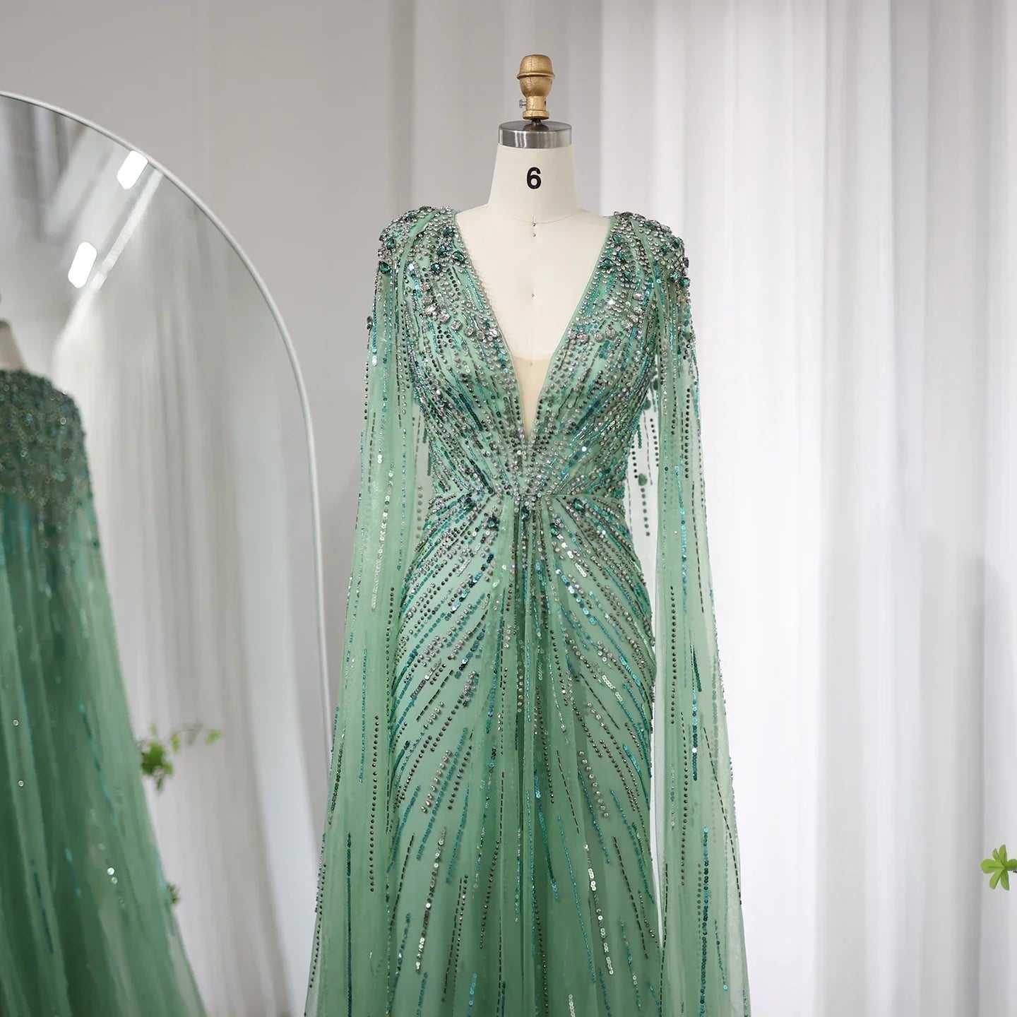 Luxury Crystal Sage Green V-Neck Evening Dresses with Cape SS399