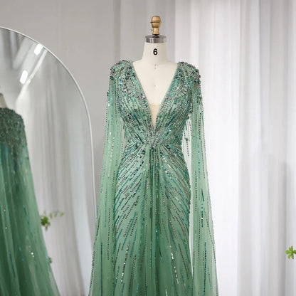 Luxury Dubai Green Evening Dresses with Cape Fuchsia Crystal Gold SS399