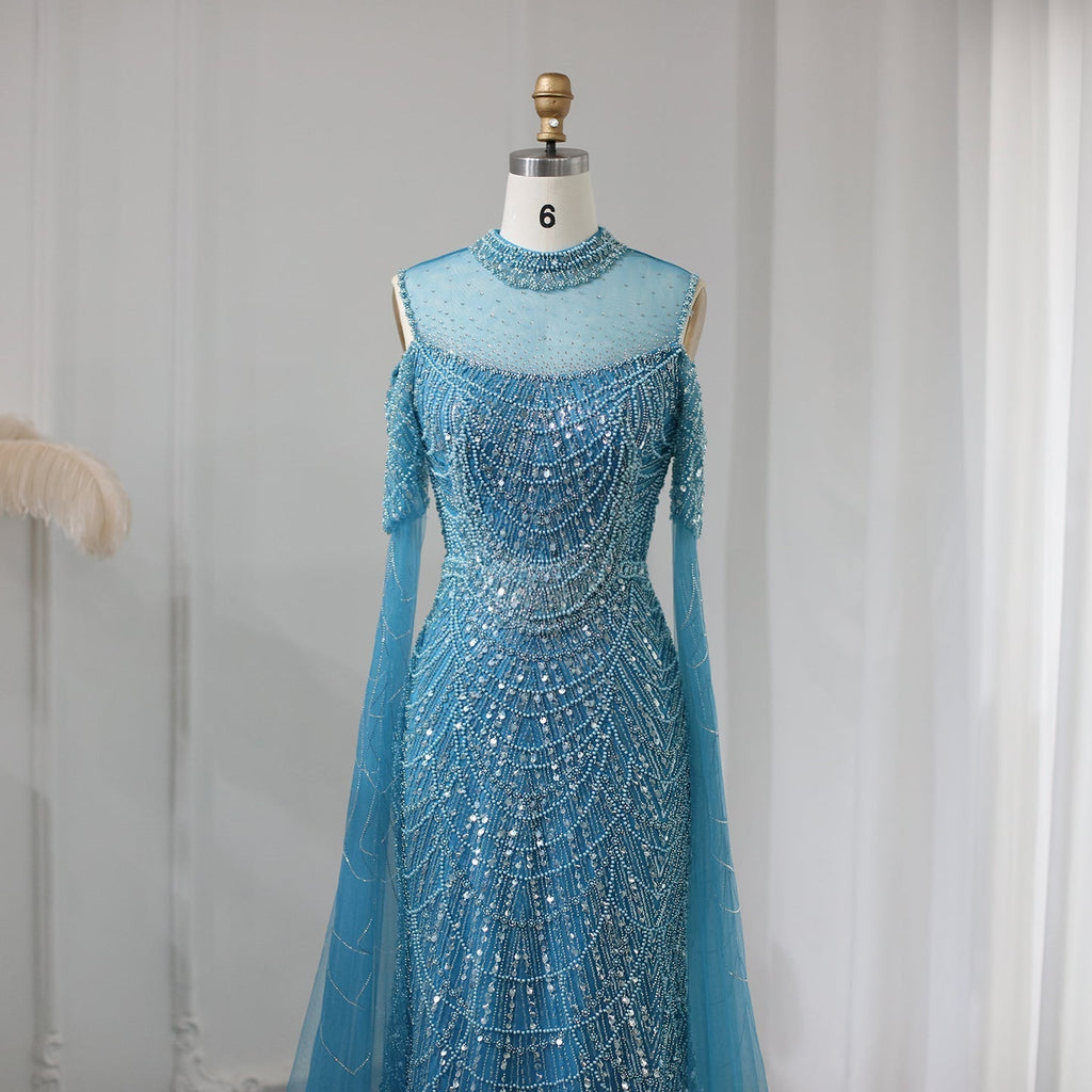 Elegant Sage Green Mermaid Evening Dress with Cape Sleeves SS205