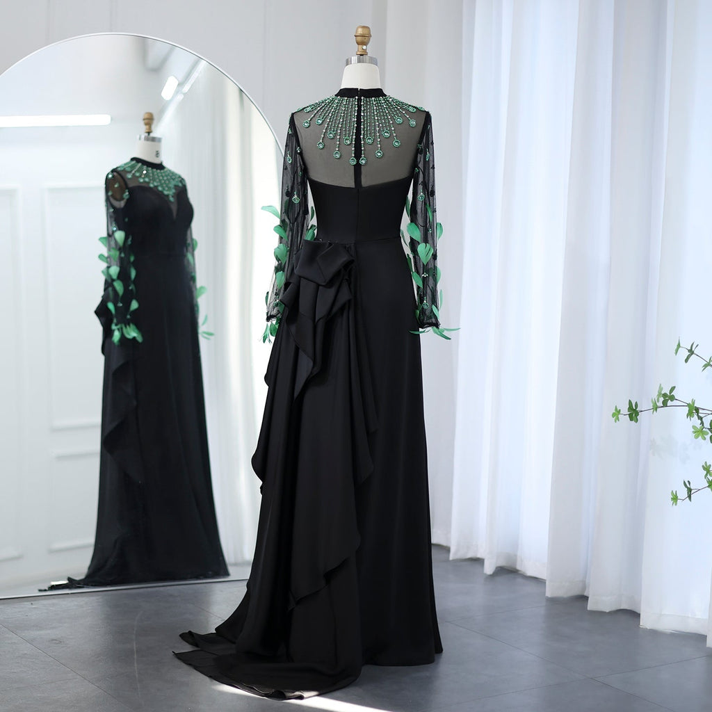 Luxury Green Feathers Black Long Sleeves Evening Dress SS457