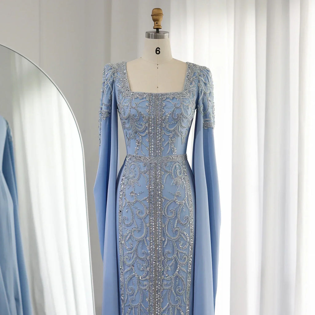 Luxury Blue Mermaid Evening Dress with Cape Sleeves SS365