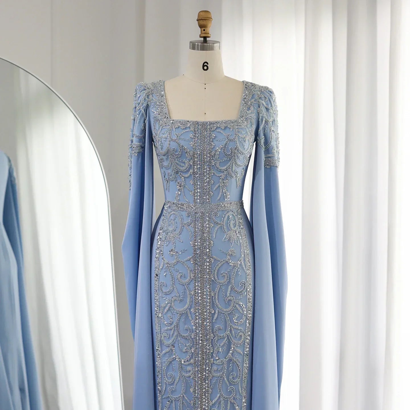 Luxury Blue Mermaid Evening Dress with Cape Sleeves SS365
