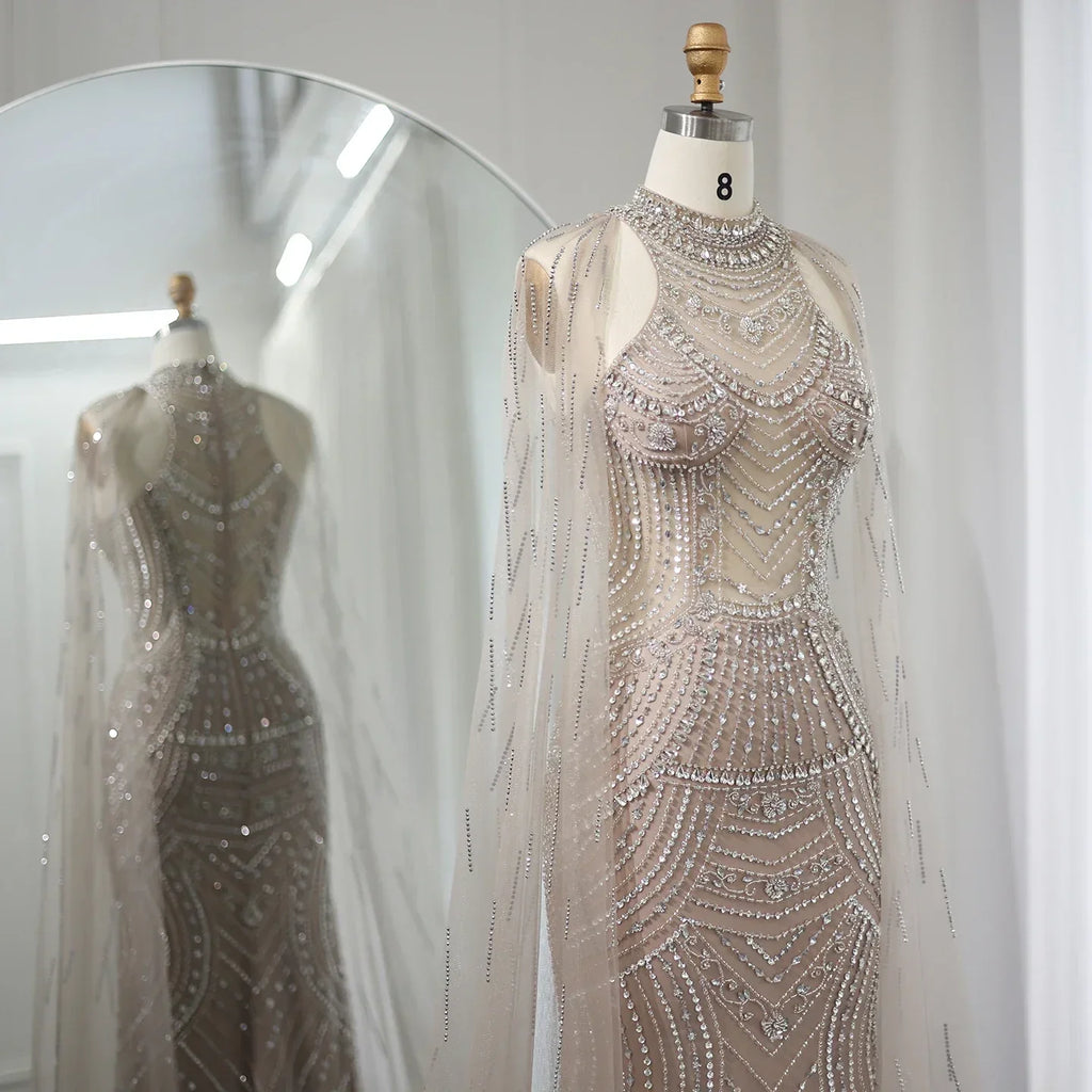 Luxury Champagne Evening Dresses with Cape Sleeves SS077