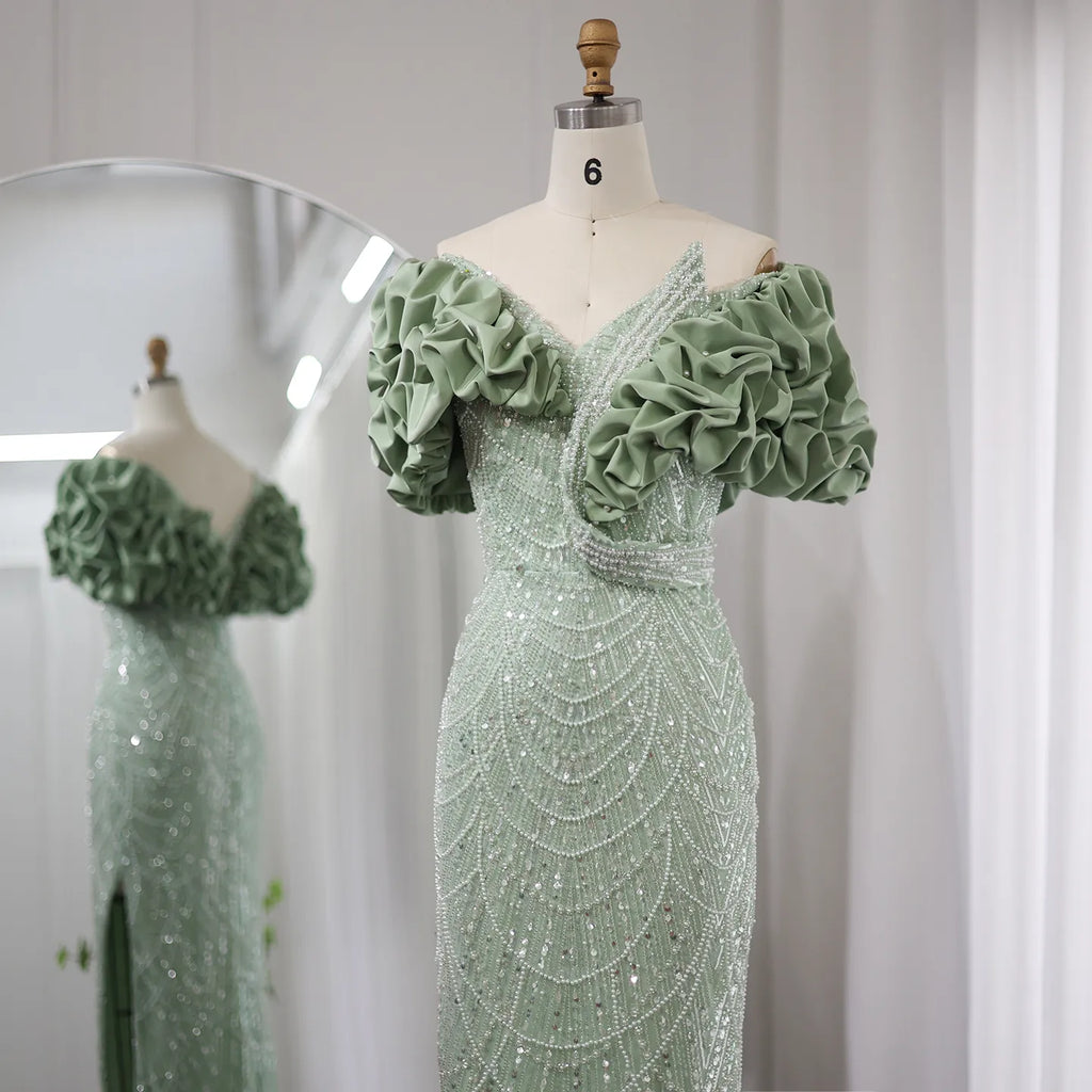 Elegant Sage Green Off Shoulder Mermaid Evening Dress SS288