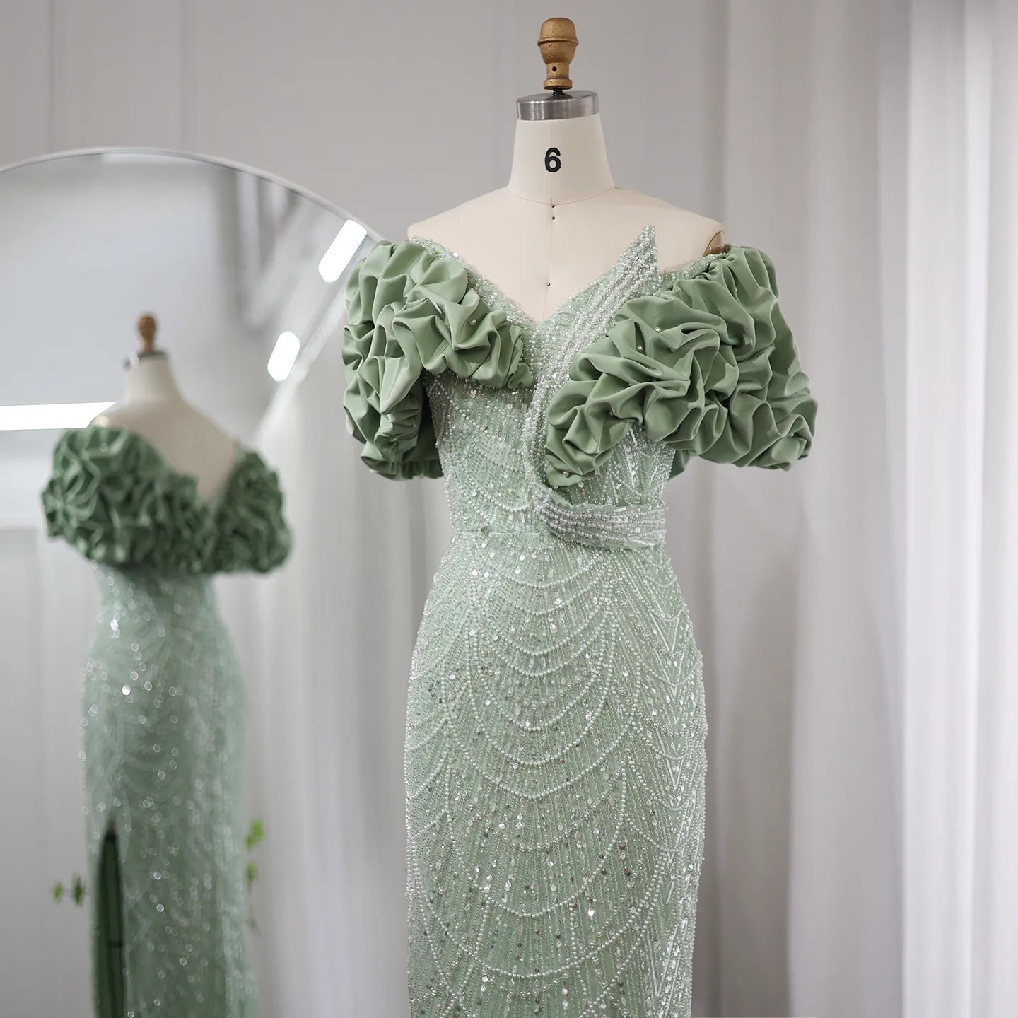 Elegant Sage Green Off Shoulder Mermaid Evening Dress SS288