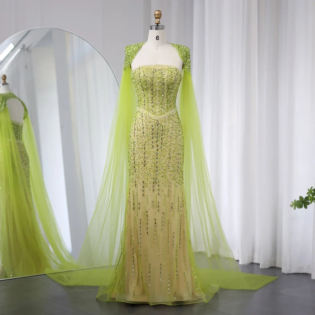 Luxury Beaded Lime Green Evening Dress with Cape Sleeves SS443