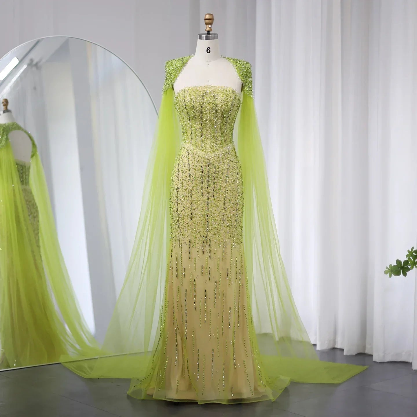 Luxury Beaded Lime Green Evening Dress with Cape Sleeves SS443
