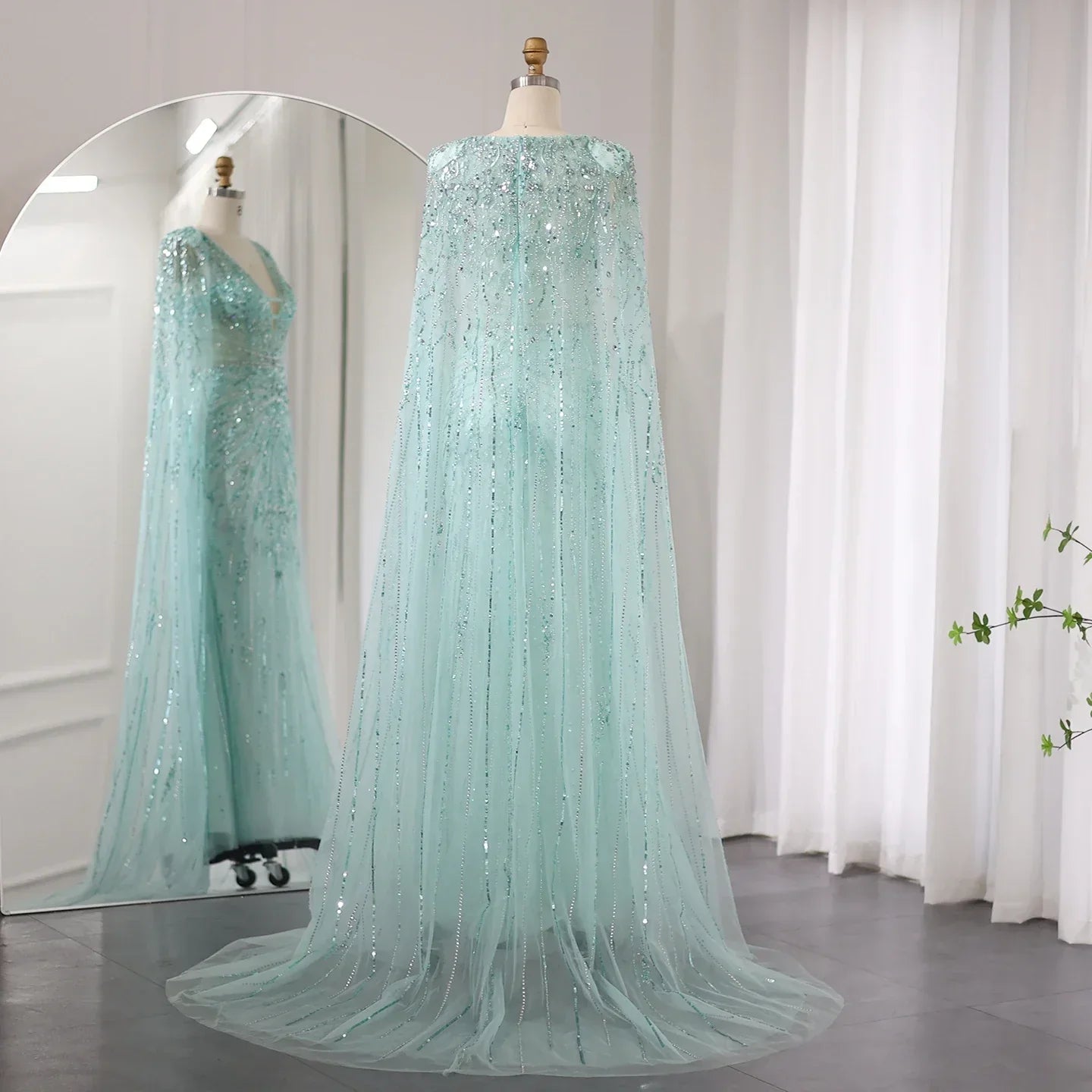 Luxury Turquoise V-Neck Mermaid Evening Dresses with Cape SS397