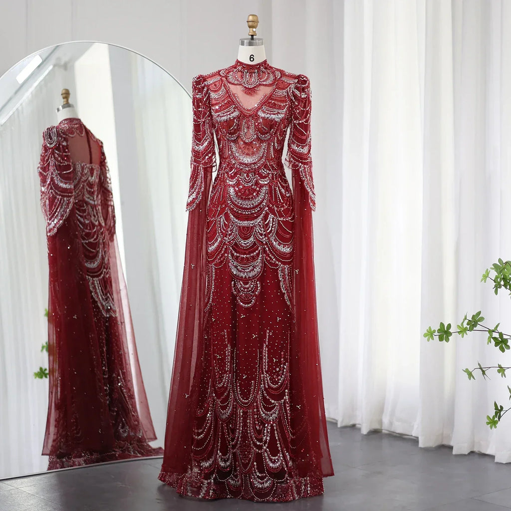 Luxury Burgundy Mermaid Evening Dresses with Cape Sleeves SS145