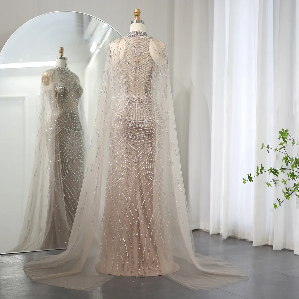 Luxury Champagne Evening Dresses with Cape Sleeves SS077