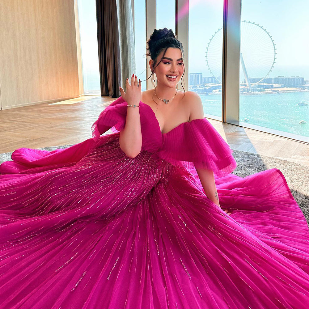 Luxury Fuchsia Off Shoulder A-Line Evening Dress SS390