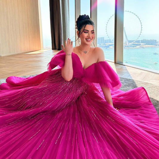 Luxury Fuchsia Off Shoulder A-Line Evening Dress SS390