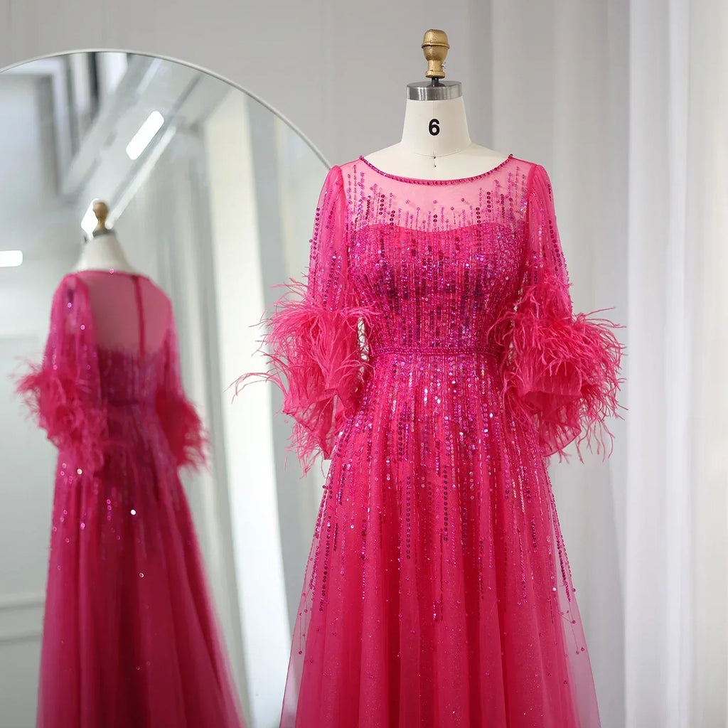 Luxury Feathers Black Half Sleeves A-Line Evening Dresses SS339