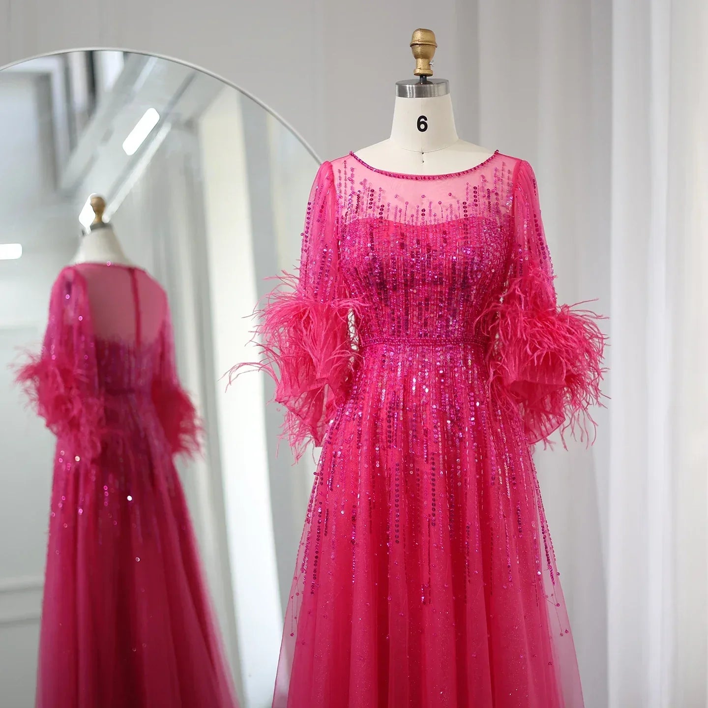 Luxury Feathers Black Half Sleeves A-Line Evening Dresses SS339