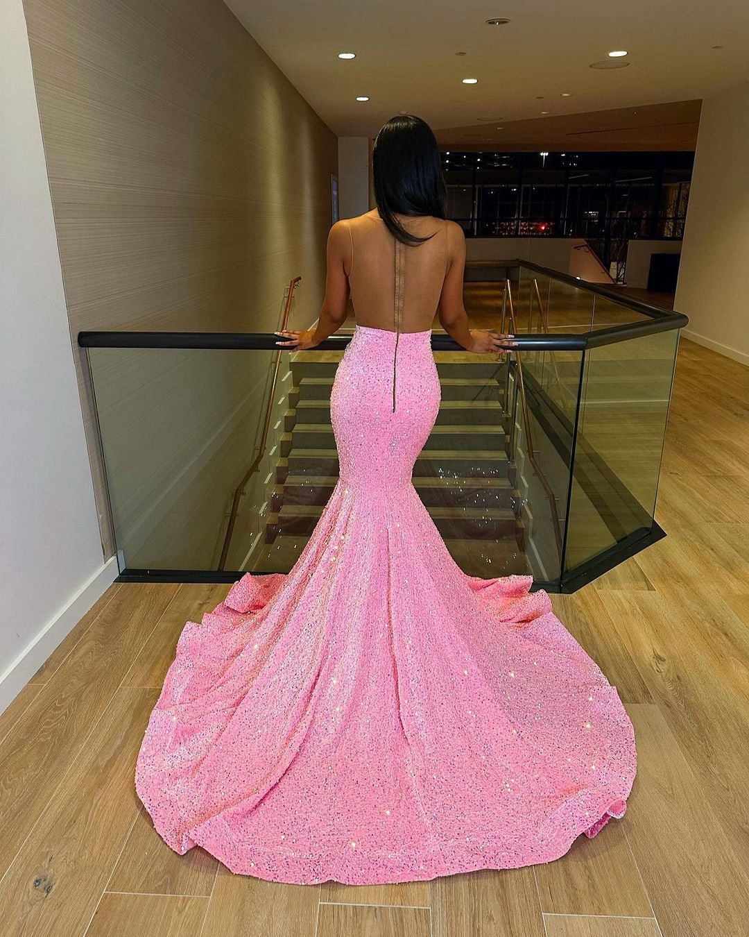 Luxury Pink Sequined Mermaid Crystal Prom Dresses with Train RM061