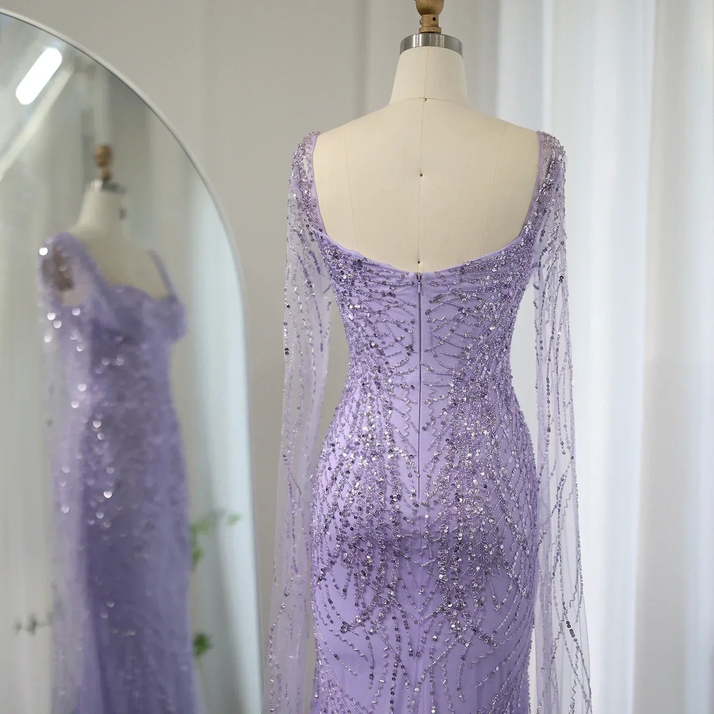 Luxury Lilac Mermaid Evening Dresses with Cape Sleeves SS237