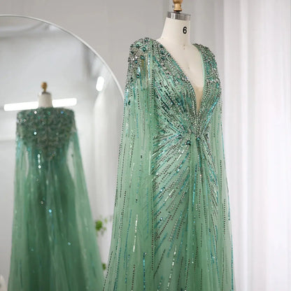 Luxury Dubai Green Evening Dresses with Cape Fuchsia Crystal Gold SS399