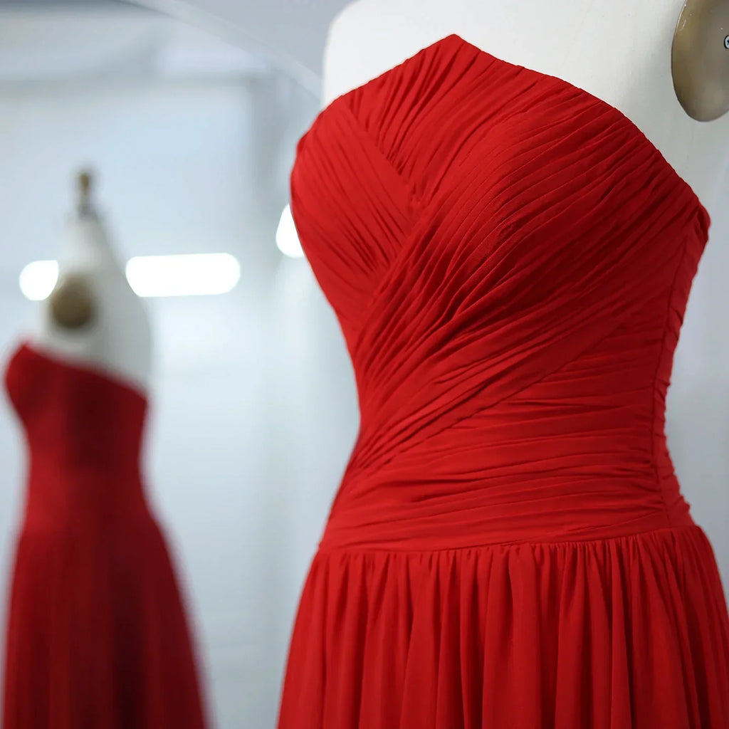 Elegant Red Chiffon A-Line Strapless Long Evening Dress with Slit SF141