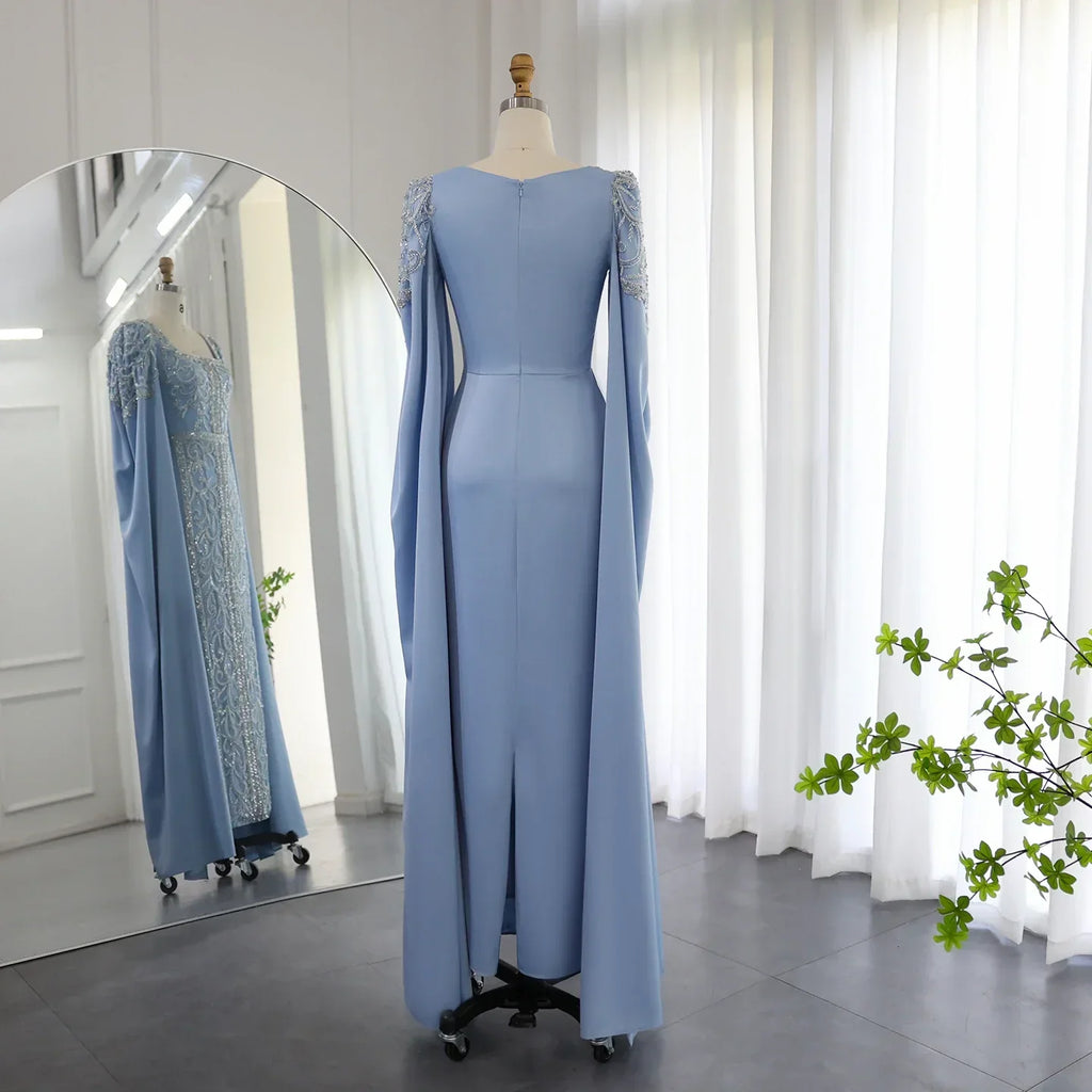 Luxury Blue Mermaid Evening Dress with Cape Sleeves SS365