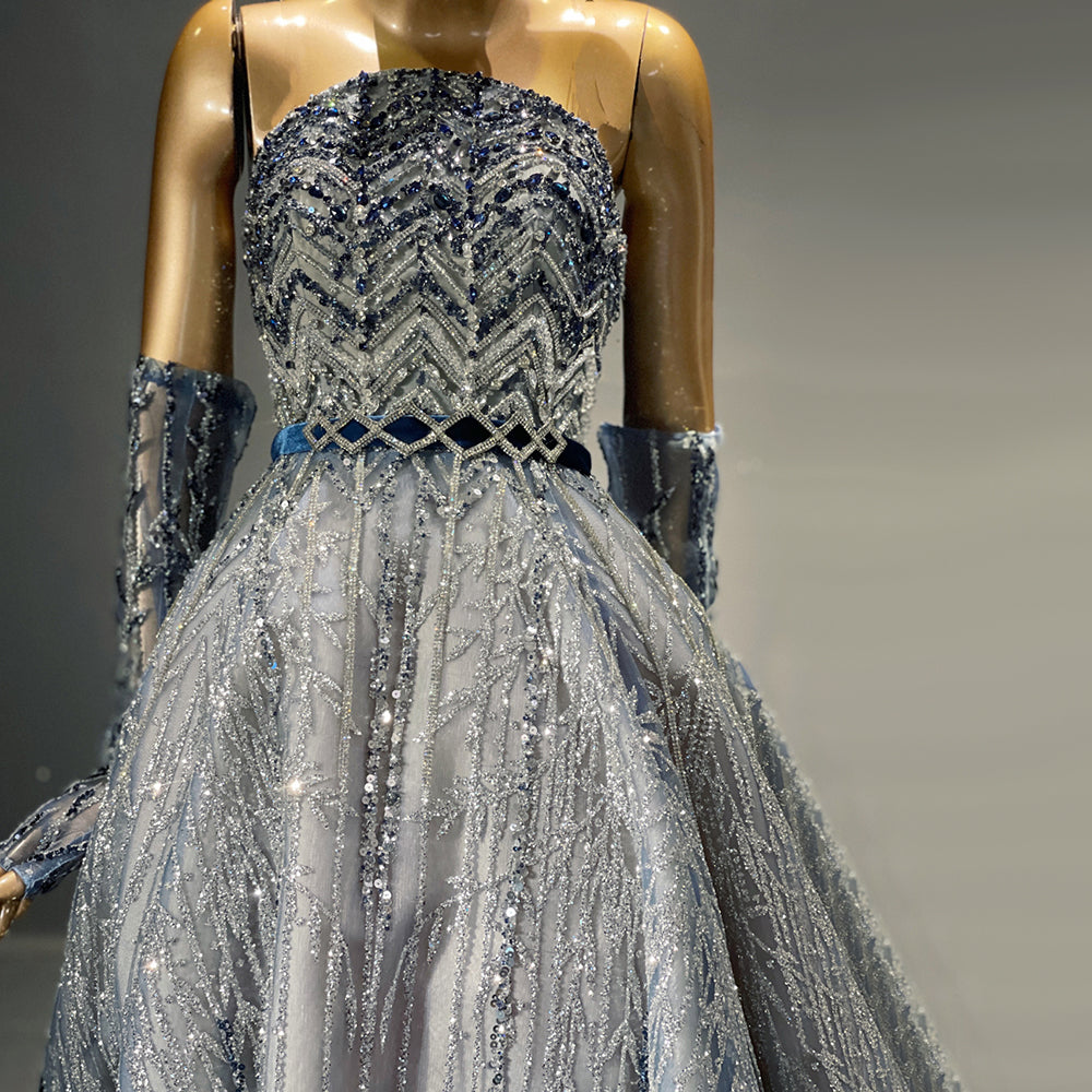 Stunning Glitter Blue Beaded A-Line Evening Dress SS752