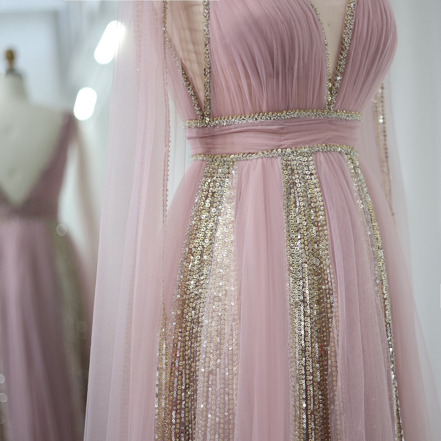 Luxury Sequined Pink Evening Dress with Cape Sleeves SS010