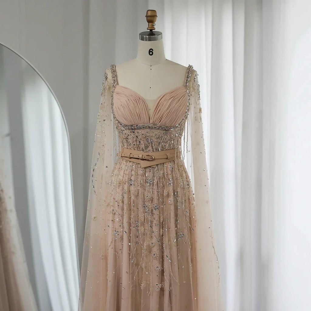 Luxury Beaded Tassel Champagne Evening Dresses with Slit SS376