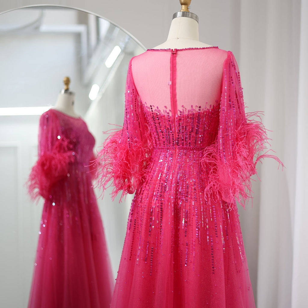 Luxury Feathers Black Half Sleeves A-Line Evening Dresses SS339