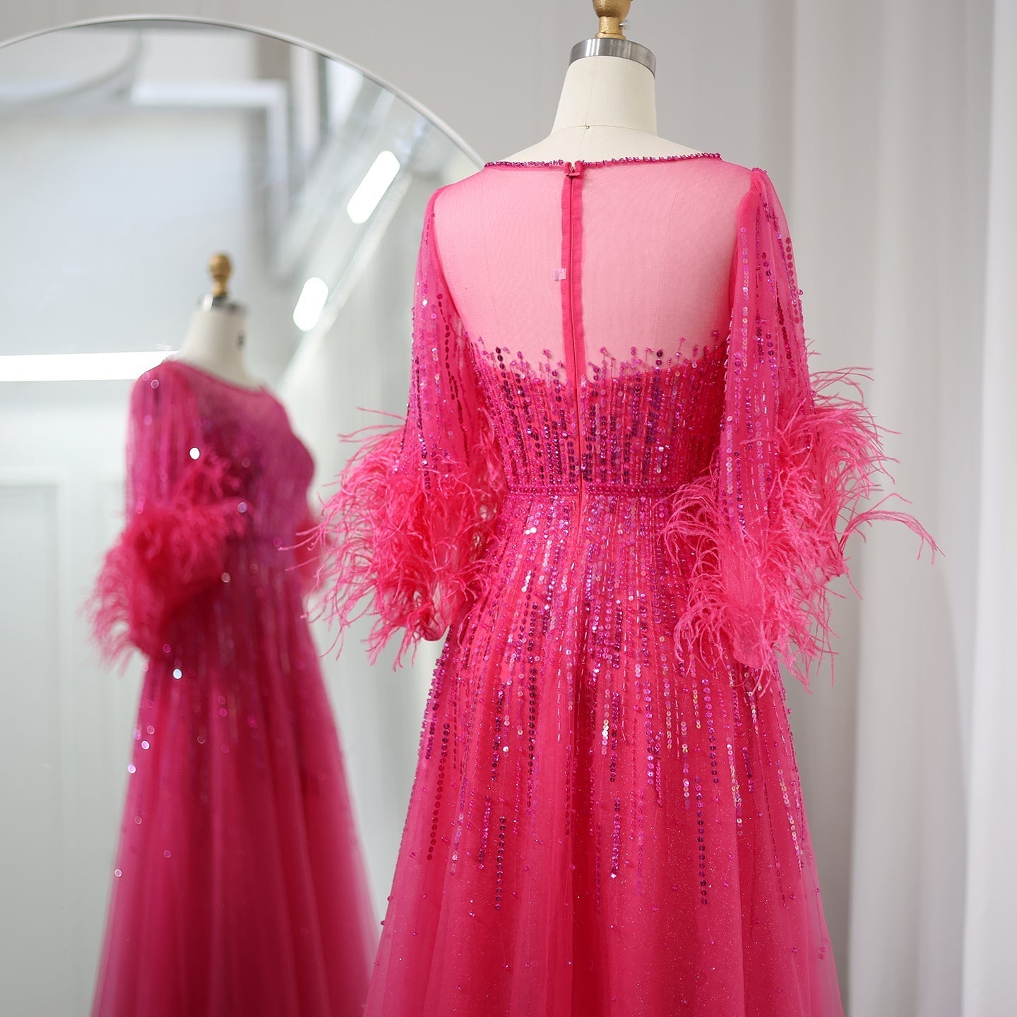 Luxury Feathers Black Half Sleeves A-Line Evening Dresses SS339