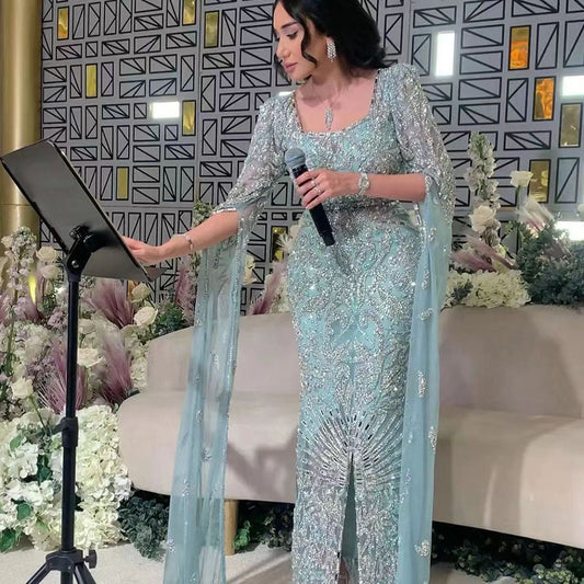 Luxury Beaded Turquoise Evening Dress with Cape Sleeves SS469