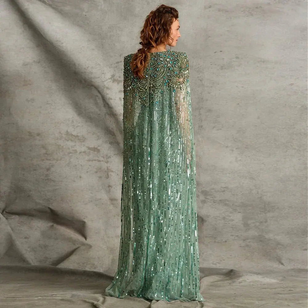 Luxury Dubai Green Evening Dresses with Cape Fuchsia Crystal Gold SS399