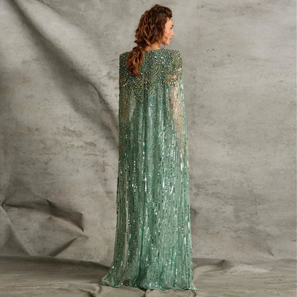 Luxury Dubai Green Evening Dresses with Cape Fuchsia Crystal Gold SS399
