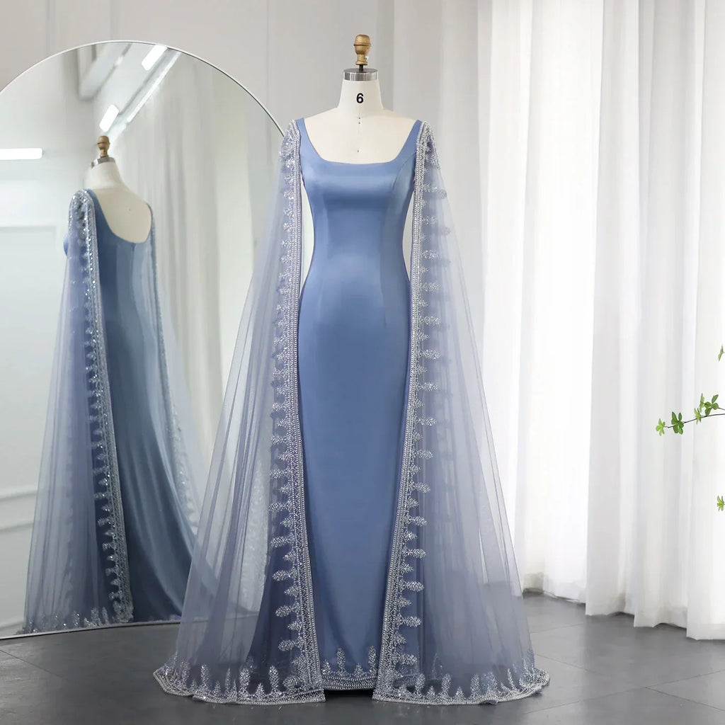 Luxury Crystal Blue Mermaid Evening Dresses with Cape Sleeves SS445