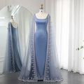 Luxury Crystal Blue Mermaid Evening Dresses with Cape Sleeves SS445
