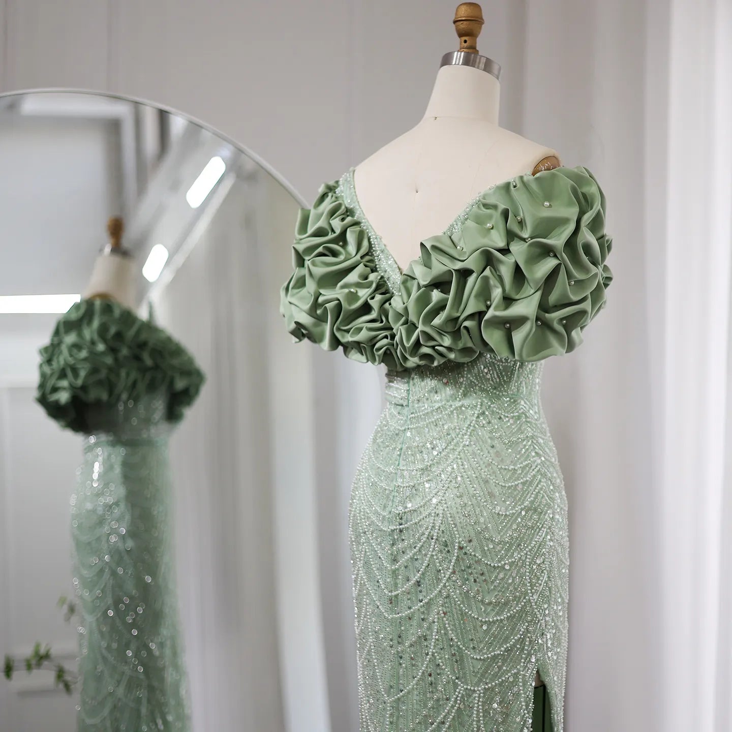 Elegant Sage Green Off Shoulder Mermaid Evening Dress SS288