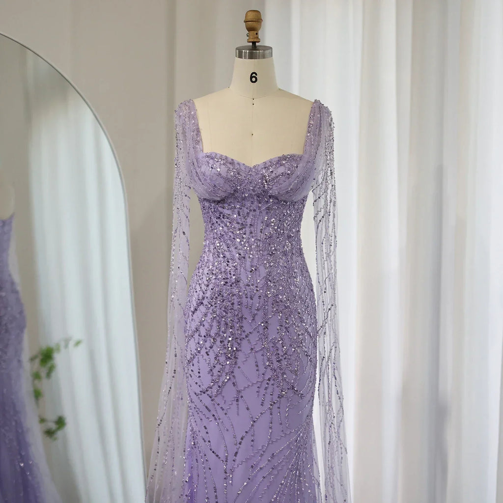 Luxury Lilac Mermaid Evening Dresses with Cape Sleeves SS237