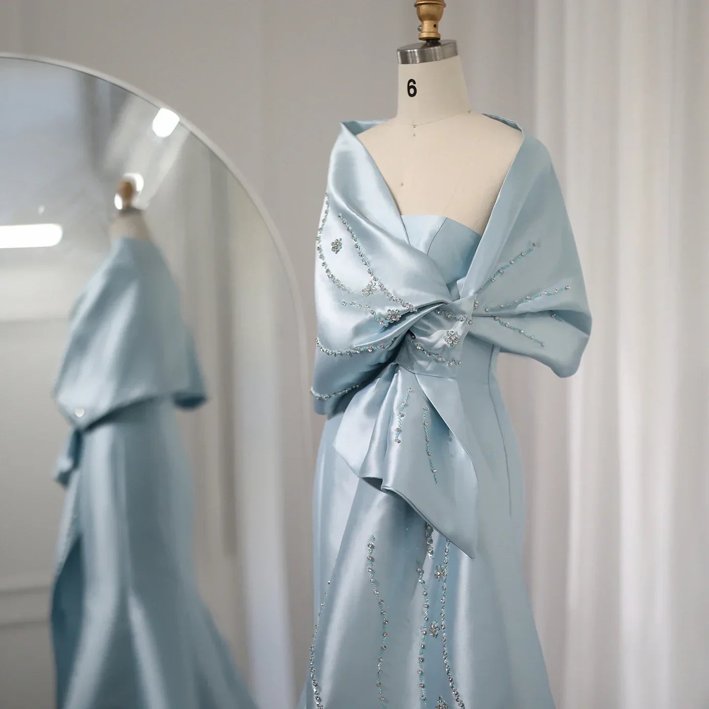 Luxury Beaded Blue Mermaid Evening Dresses with Cape SS333