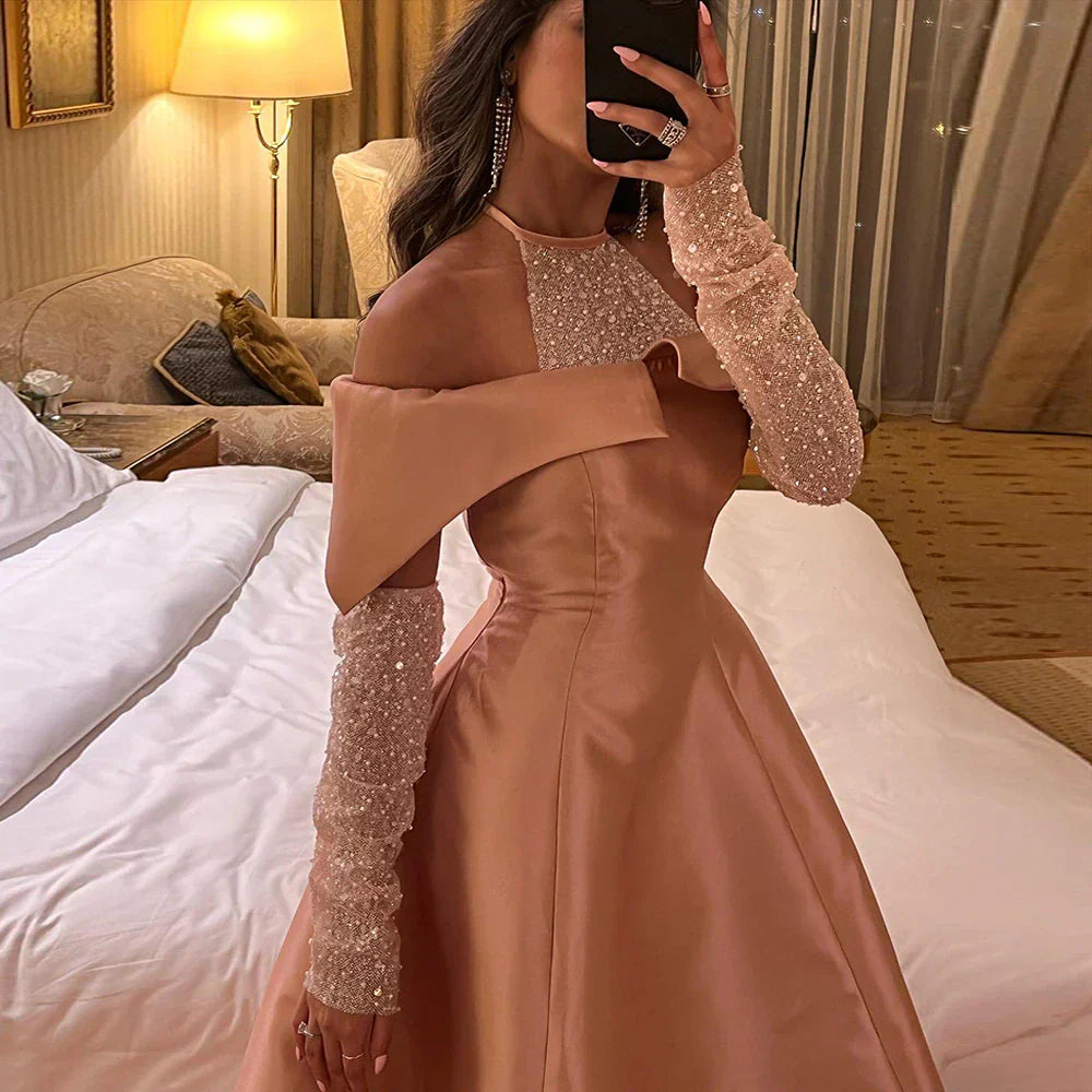 Elegant Halter Rose Gold A-Line Satin High Low Evening Dress SF058L