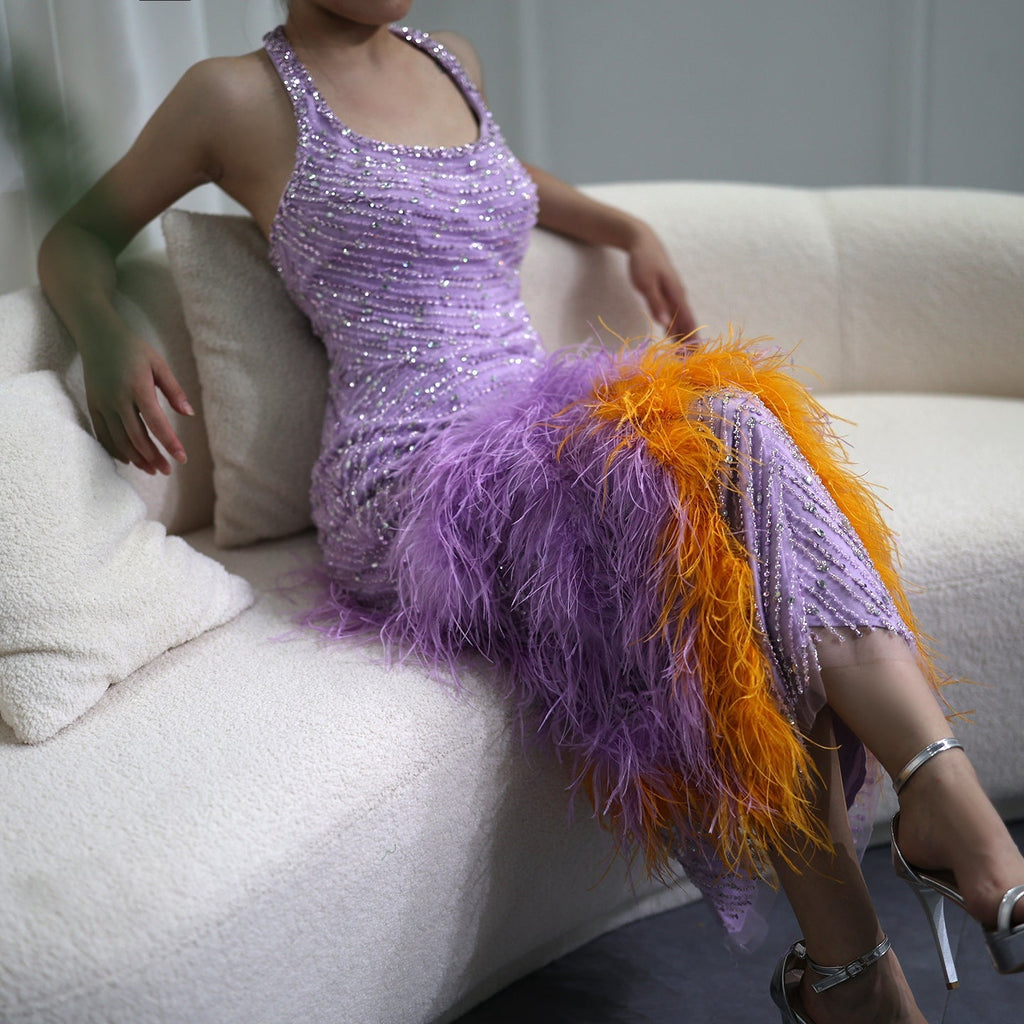 Luxury Feathers Lilac Crystal Mermaid Evening Dresses SS473