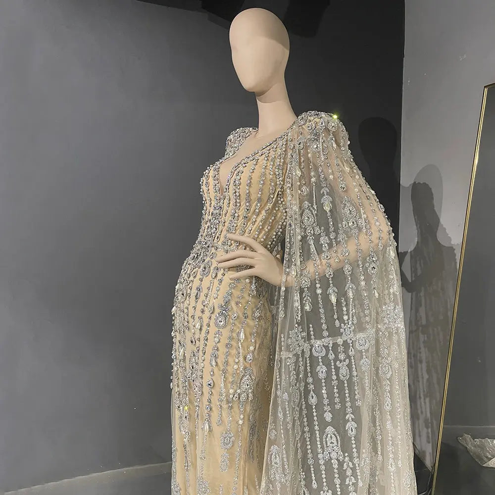 Luxury Crystal Pearls Evening Dress with Cape Sleeves SS750