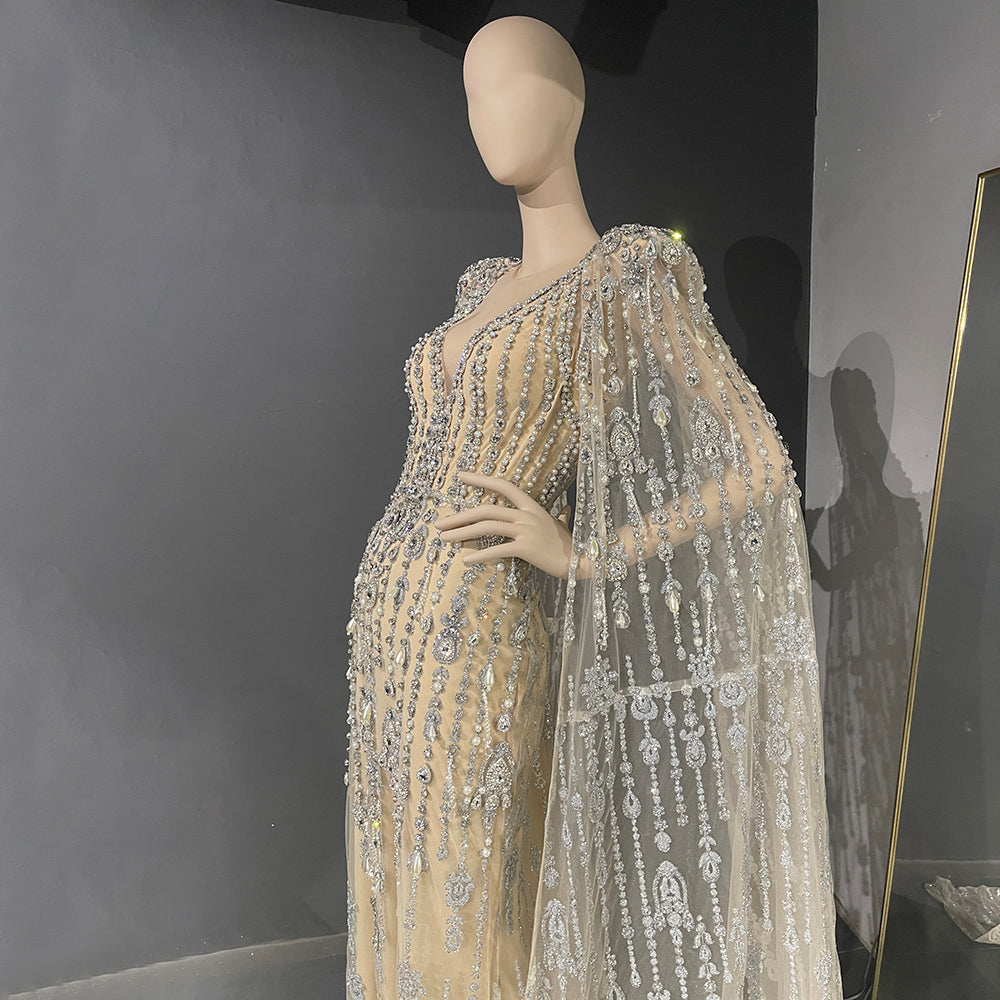 Luxurious Crystal Pearls Evening Dress with Cape Sleeves SS750